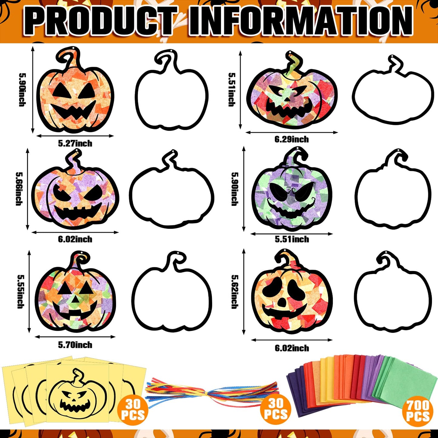 Yaomiao 30 Set Halloween Pumpkin Suncatchers Paper Crafts Kit DIY Shaped Stained Glass Effect Tissue Paper Hanging Suncatchers for Halloween Home Birthday Party Favors Gifts