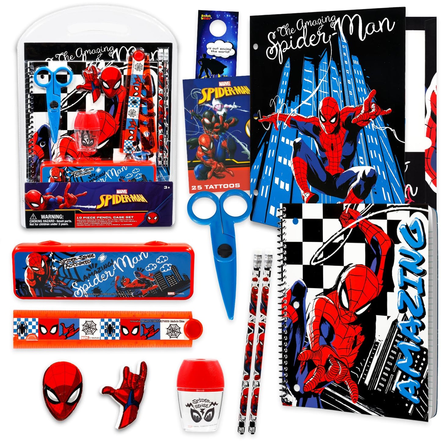 Marvel Spiderman School Supplies Set - Bundle with Marvel Folder, Notebook, Erasers, Tattoos, and More | Spiderman Back to School Classroom Supplies