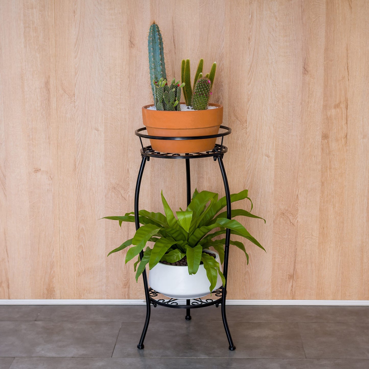 FaithLand 2 Tier Plant Stand and 2-Pack 10 Inch Self Watering Pots Bundle