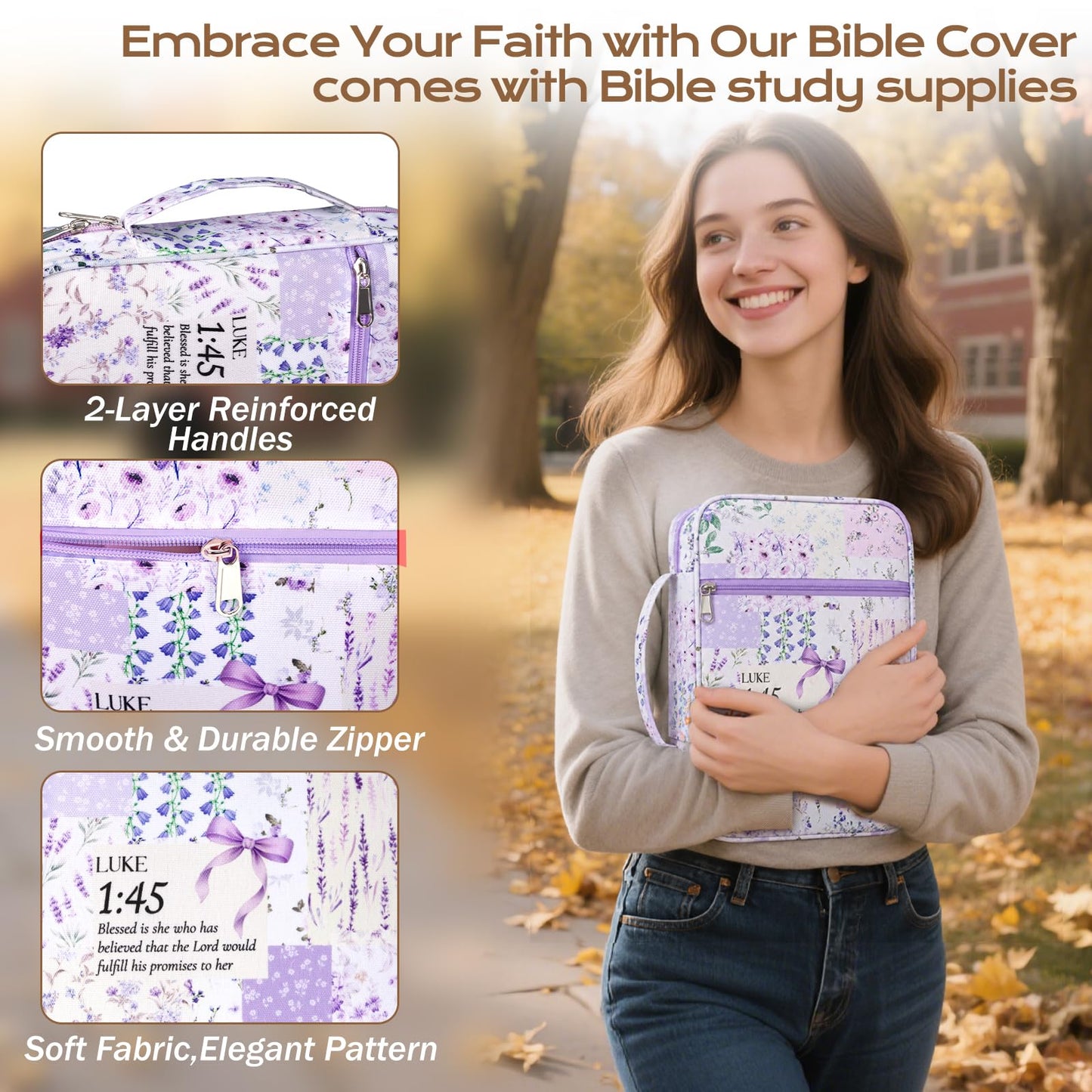 XKDOUS Bible Cover for Women Church Book Holder Canvas Patchwork Carrying Case with Handle, Study Supplies Carrier Portable Bible Bag Journaling Kit Christian Gifts for Mom, Friends