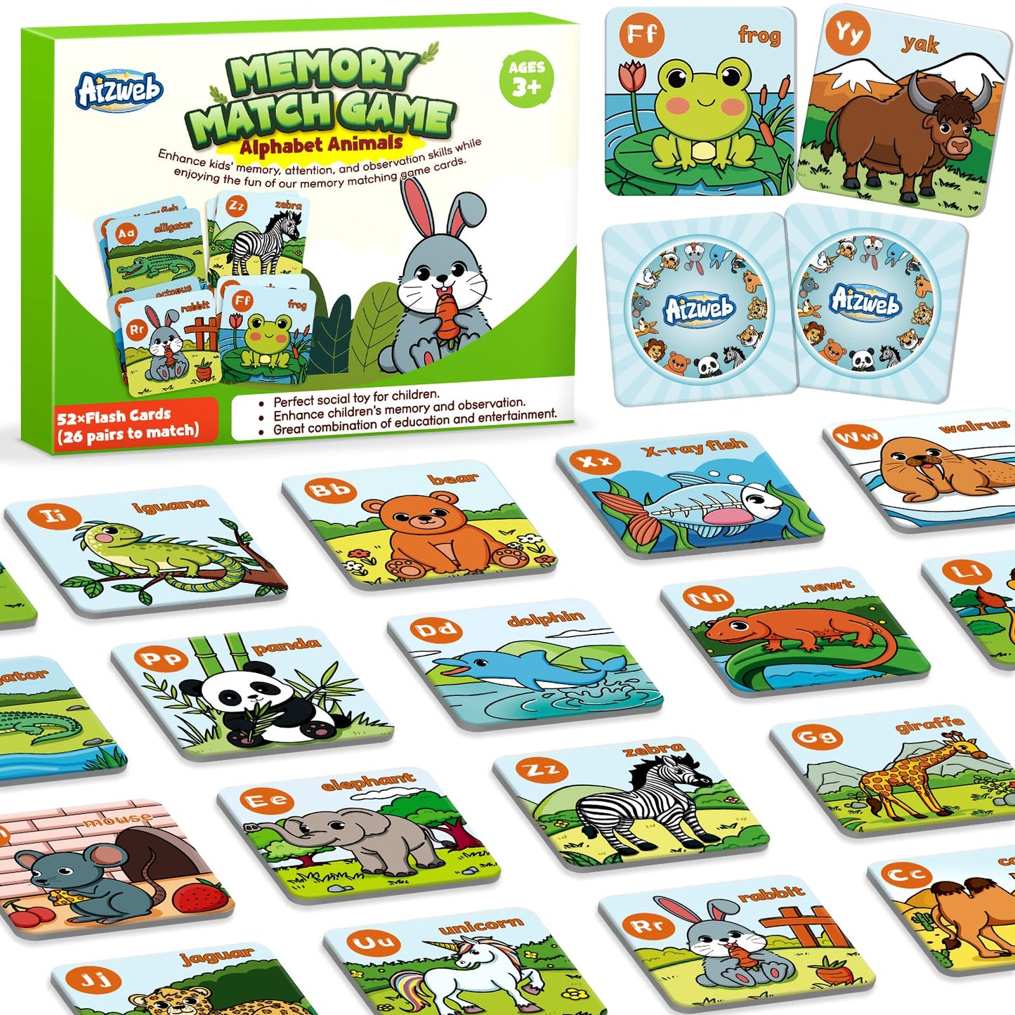 Aizweb Alphabet Match Game,Memory Game,52 Pcs ABC Learning Letter Flash Cards for Toddlers Ages 3 4 5,Educational Toys for Pre K Preschool Kindergarten Learning Activities Classroom Must Haves
