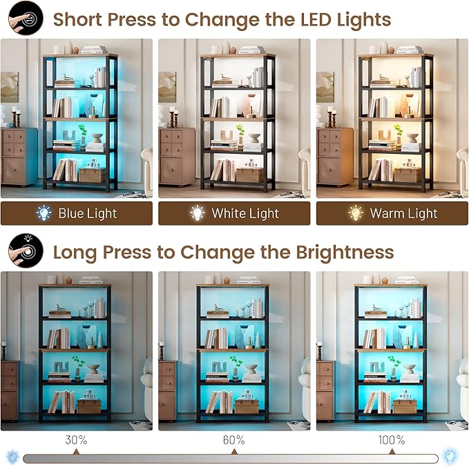 Vlsrka Wooden Bookshelf with Lights, 5 Tier Bookshelf with Storage, Tall