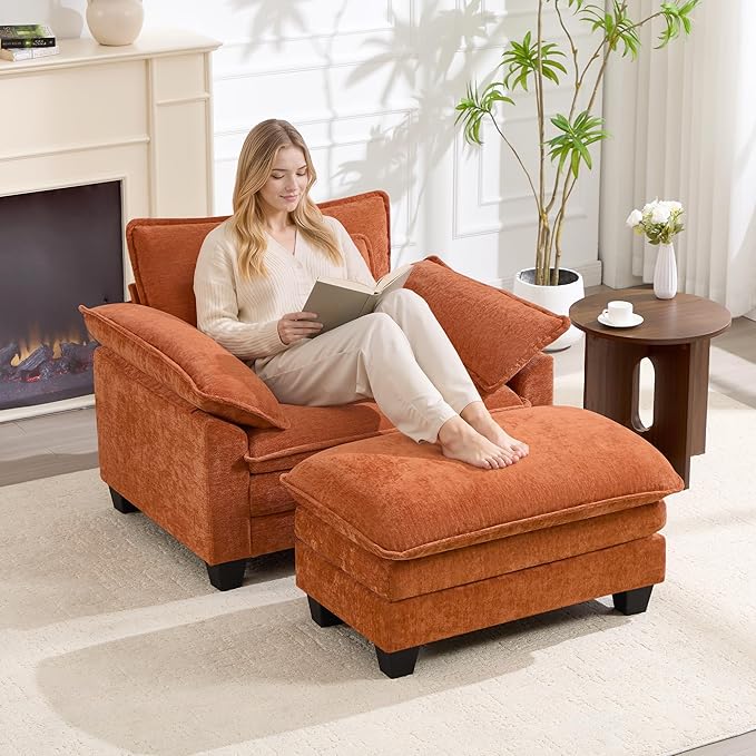 Oversized Accent Chairs with Ottoman Set of 2, Modern Comfy Reading Chair