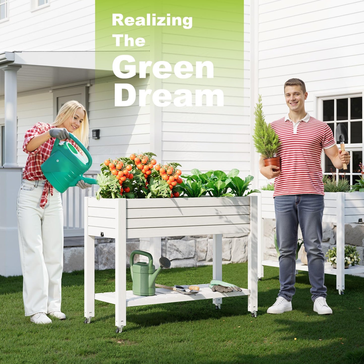 GYMHILL Elevated Raised Garden Bed with Wheels,Outdoor Large Resin Patio Planter Box Stand Divisible with Drain Plug,Water Monitor for Plants Vegetables Flowers Fruits(Ashen)