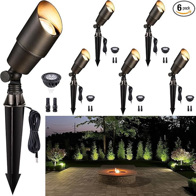 Gardenreet Solid Brass Spot Lights - Low Voltage Landscape Spotlight Outdoor, 12V LED Uplights Wired Waterproof, Electric Bronze for Patio Wall with 2700K Warm White MR16 Bulb (6 Pack)