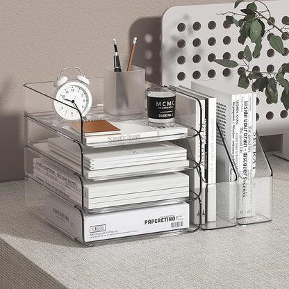 FANXIYQ 4-Tier Brown Acrylic Paper Tray Organizer for Desk + 2 Bookends – Stackable Letter Tray, Acrylic Desk Accessories/File Organizer, Office Paper Organizer
