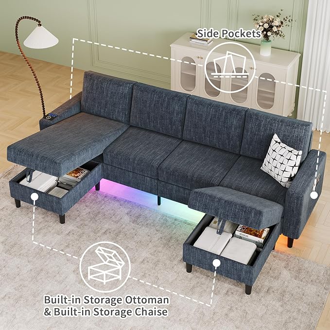 Sectional Couches for Living Room, 6-Seats Soft Linen Fabric Sectional Sofa