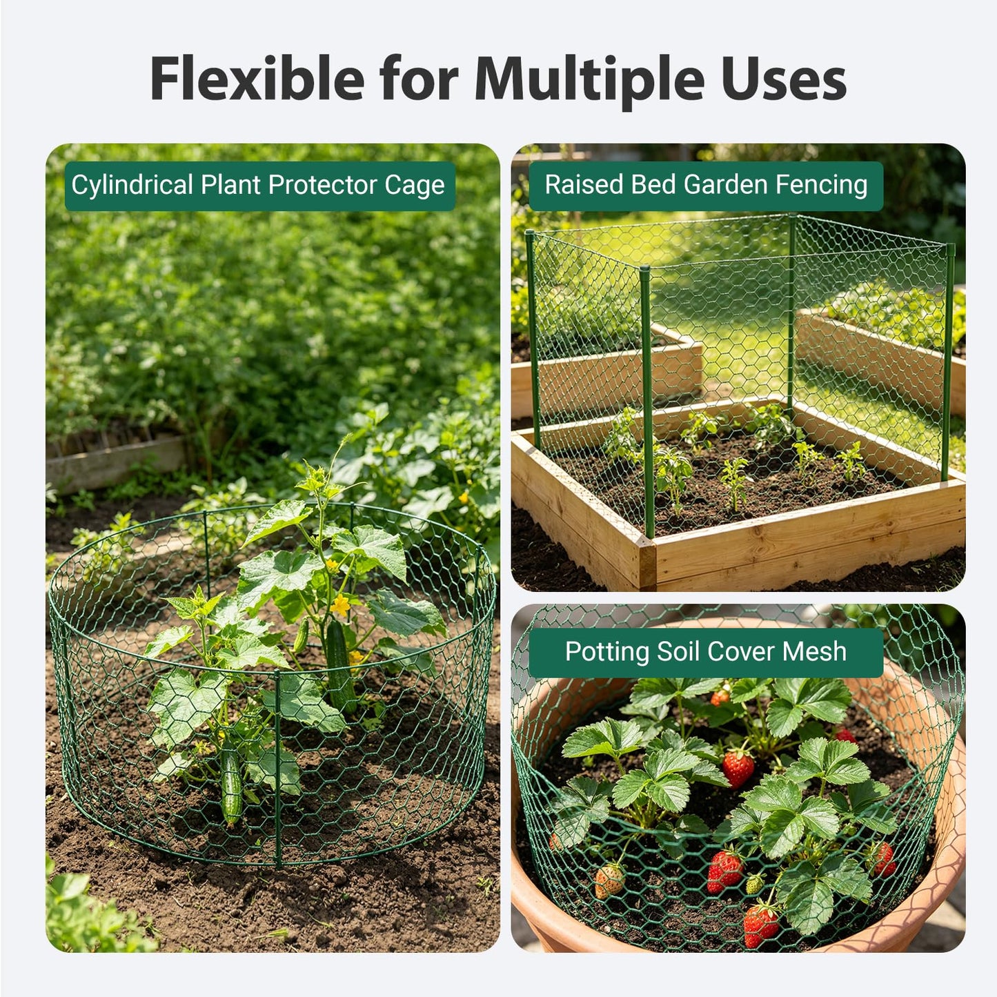 QURAS Plant Protectors from Animals, 32.8FT x 16IN Wire Plant Cage, 0.85mm Thick Vinyl Coated Garden Fence Kit with Stakes & Zip Ties, DIY Plant Guard for Rabbits, Squirrels, Deer, Vegetable Garden