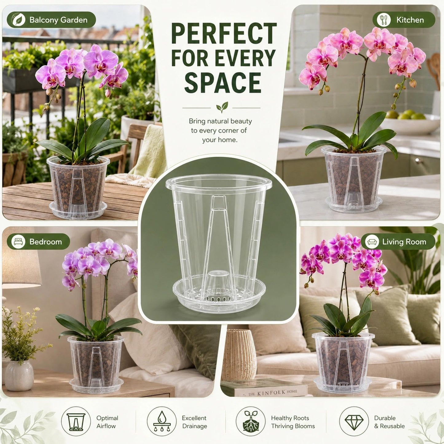 LINBLIF Clear Orchid Pots with Drainage Holes Set, 12 Pack 4,5,6 Inch Plastic Nursery Pots with Saucers, Orchid Repotting Kit with Mesh Screens, Stakes and Clips for Indoor Plants (4 in +5 in + 6 in)