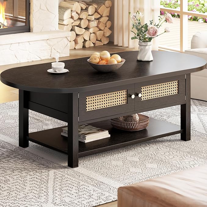 LVB Rattan Coffee Table, Boho Wood Living Room Table