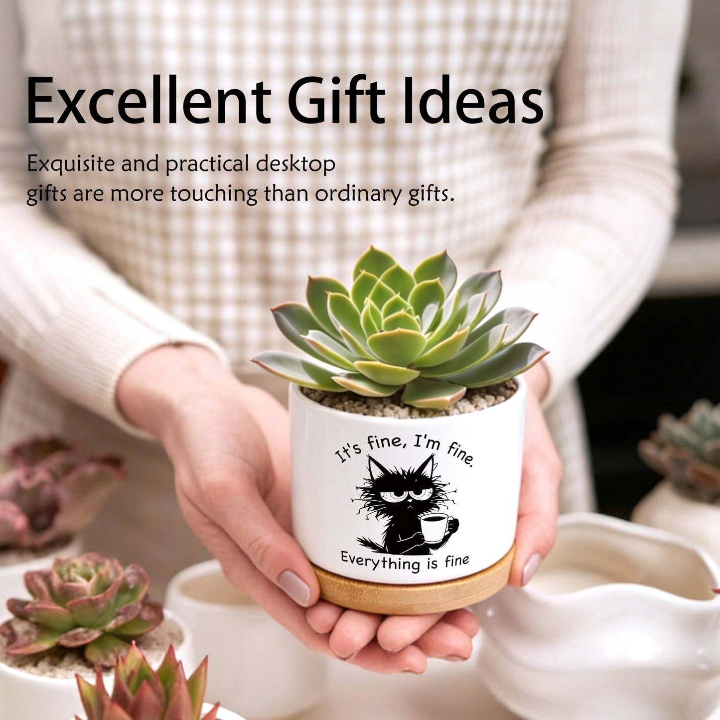 EVIHCG Funny Black Cat Planter Pots, Cat Lovers Gifts for Women Men, It's Fine I'm Fine Sarcastic Ceramic Succulent Plant Flower Planters for Home Office Desk Table Shelf(No Plants)