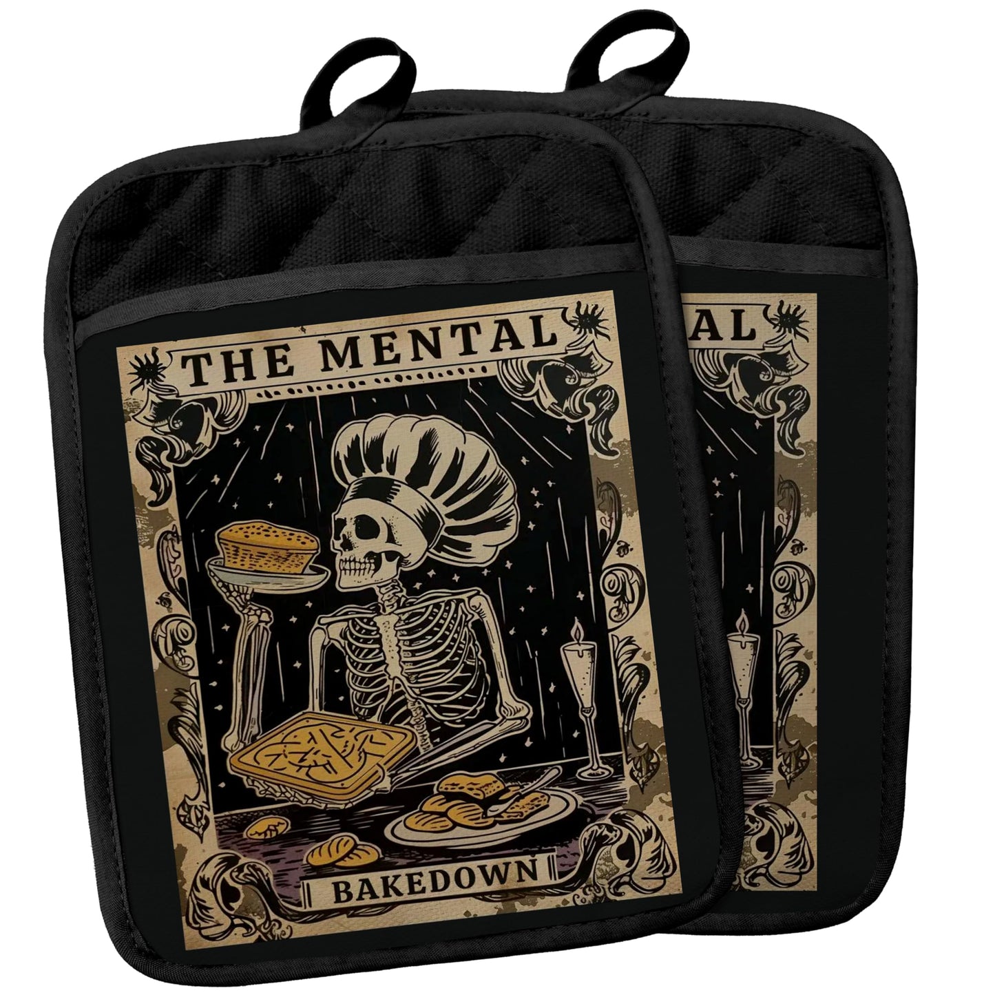 Gothic Skeleton Pot Holders with Pockets, Funny Baking Gifts Pot Holders Heat Resistant Oven Mitts Hot Pads for Kitchen Baking Cooking,Potholders for Kitchens