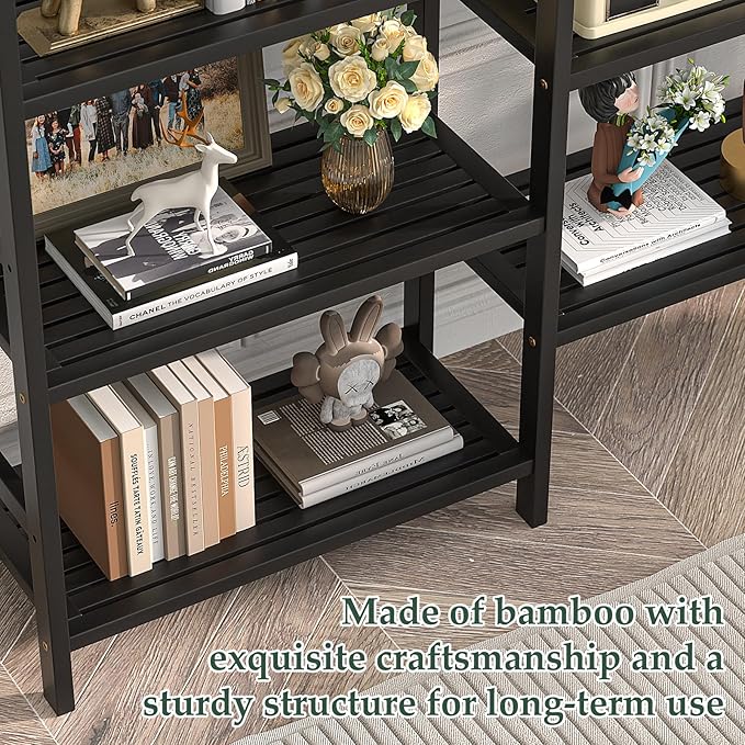 Homykic Double Wide Bamboo Bookshelf Black, 6-Tier Large Open Bookcase