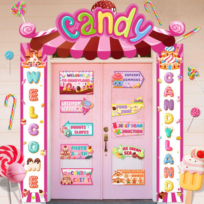 Candyland Party Decorations Welcome Candyland Door Banner Porch Sign Lollipop Paper Cutouts Sweet Candy Theme Party Supplies for Kids Candy Land Birthday Baby Shower Halloween Christmas Decor
