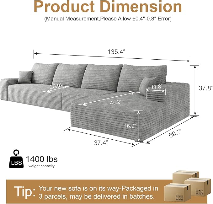 136" Sectional Couches for Living Room Cloud Couch Sofa