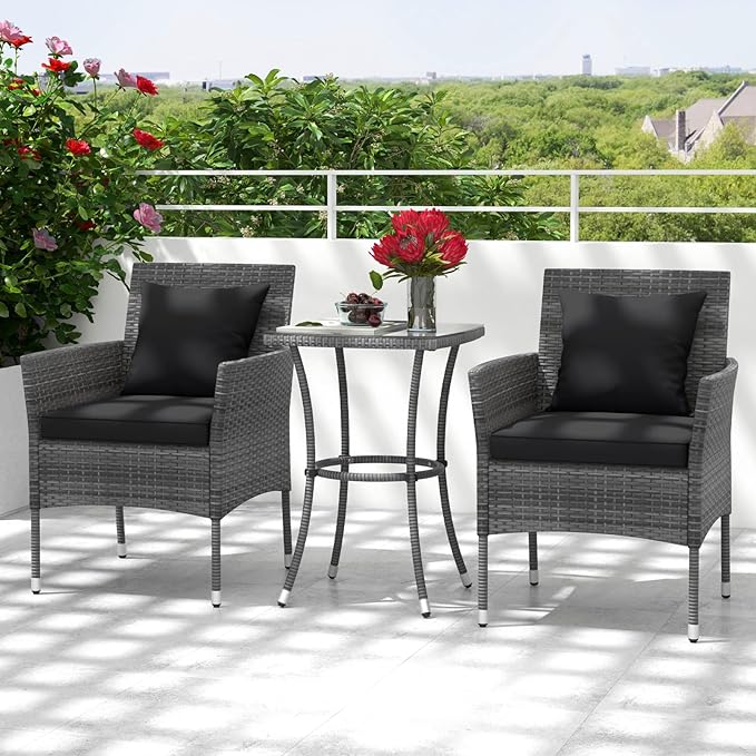 Tangkula 3-Piece Patio Furniture Set, PE Wicker Conversation Bistro Set w/A