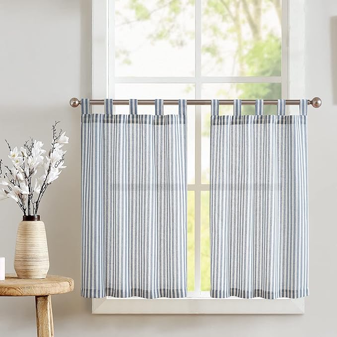 jinchan Tab Top Linen Kitchen Curtains 24 Inches Striped Tier Curtains Farmhouse Modern Cafe Style Small Window Treatments Airy Light Filtering Rod Pocket for Living Room Bathroom 2 Panels Blue