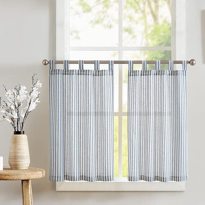 jinchan Tab Top Linen Kitchen Curtains 36 Inches Striped Tier Curtains Farmhouse Modern Cafe Style Small Window Treatments Airy Light Filtering Rod Pocket for Living Room Bathroom 2 Panels Blue