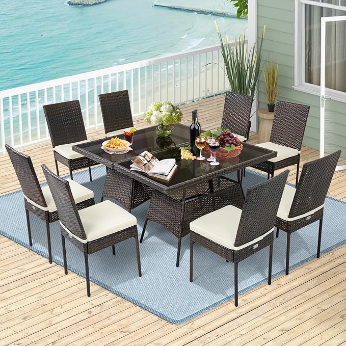 Tangkula 10 Pieces Wicker Patio Dining Set, Outdoor Rattan Table & Chairs Set