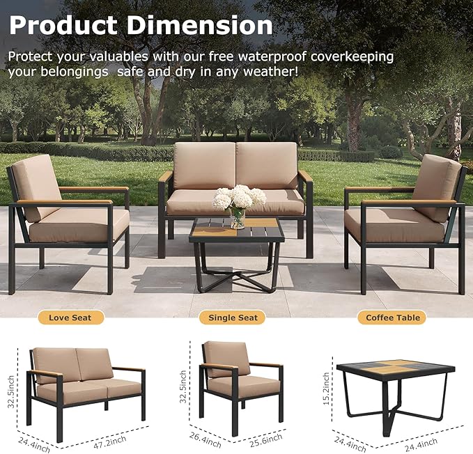 4-Piece Outdoor Patio Furniture Set, Metal Conversation Sofa Set