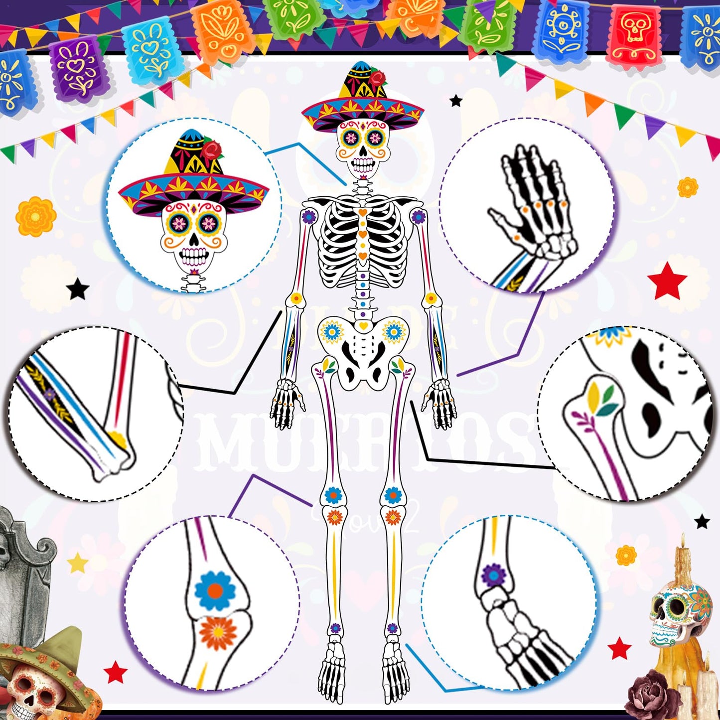 WinnerWhy 6 Pcs 51 Inches Large Halloween Jointed Skeletons Paper Cutout Day of The Dead Jointed Skeletons Hanging Decorations Dia De Los Muertos Party Supplies for Outdoor Mexico Sugar Skull Decor
