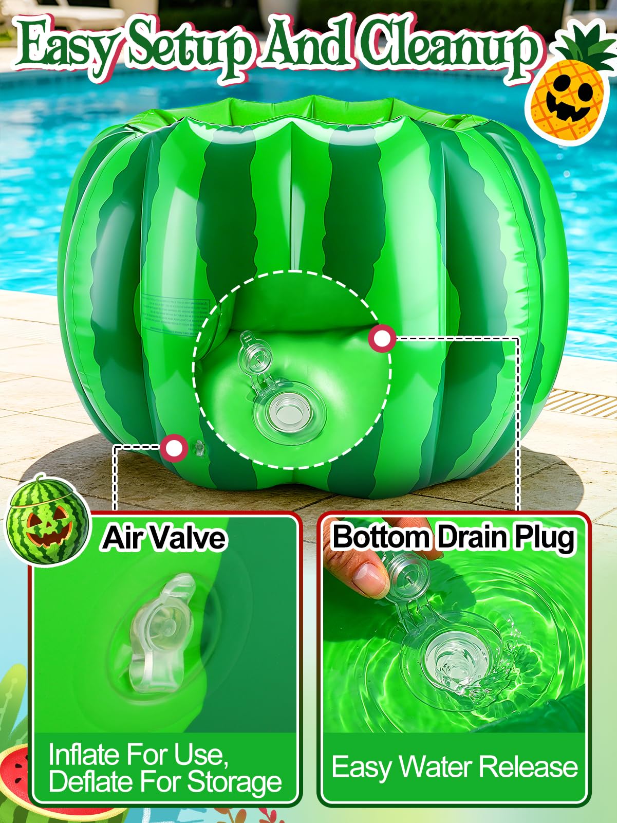 Cosweet Summer Halloween Inflatable Watermelon Cooler for Pool Party - 30" x 20" Large Spooky Blow Up Beverage Drink Cooler Ice Bucket with Drain Plug for Patio Yard Decor