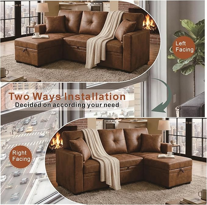 L Shaped Sectional Couch with Storage and Pull Out Bed, 3 Seater Sleeper Sofas