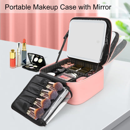Relavel Travel Makeup Bag With LED Mirror, Cosmetic Train Case with Light up Mirror, Portable Makeup Artist Organizer Bag with Adjustable Dividers, Makeup Brush Holder Storage, Black