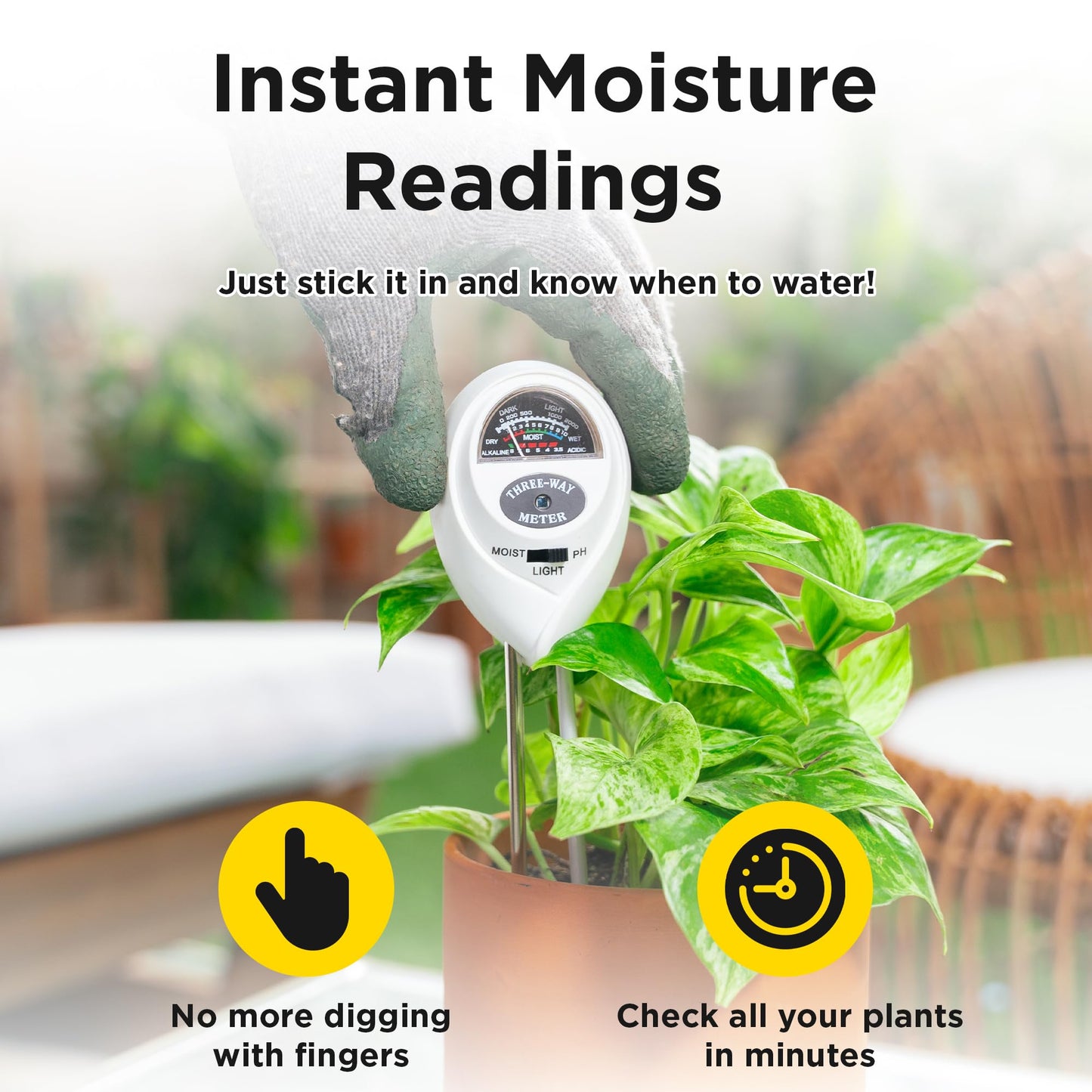 Classy Casita 3-in-1 Soil Moisture, Light, pH Meter - Hygrometer Tester for Indoor and Outdoor Plants - Monitor Levels for Garden, Farm, Lawn, houseplants, Potted Care - No Batteries Required - White