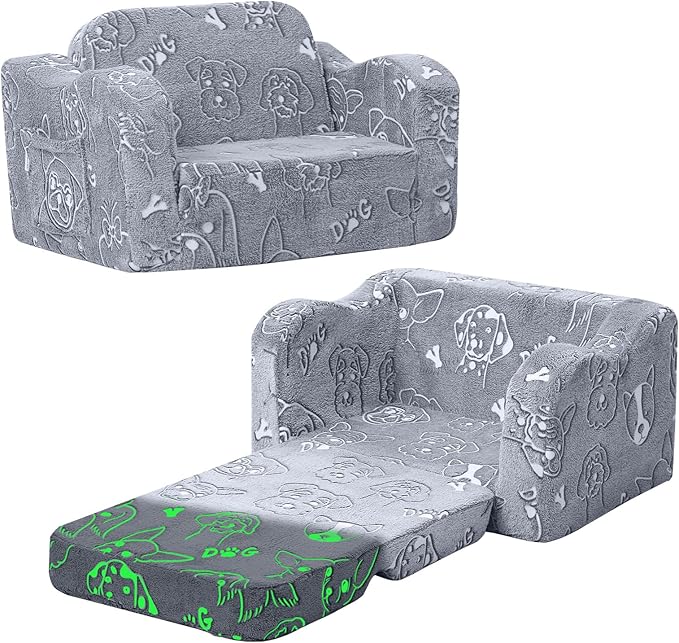 MeMoreCool Glowing Dog Print Kids Chair, 2-in-1 Foldable Kids Couch