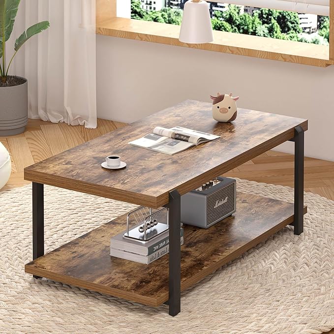 FOLUBAN Modern Coffee Table, Rustic Wood Center Table