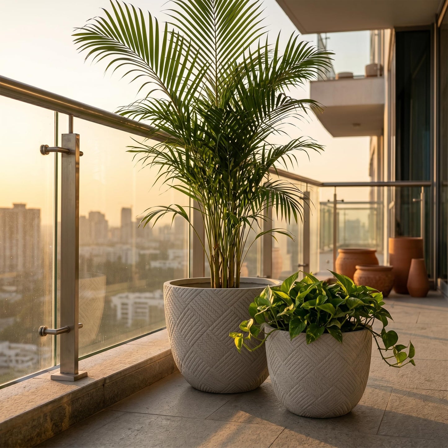 Set of 2 Large Oxide Magnesium Concrete Planters (15" & 18") - Round Grey Rustic Flower Pots with Drainage Holes, Handcrafted Outdoor Indoor Plant Containers for Patio, Front Porch, Garden Decor