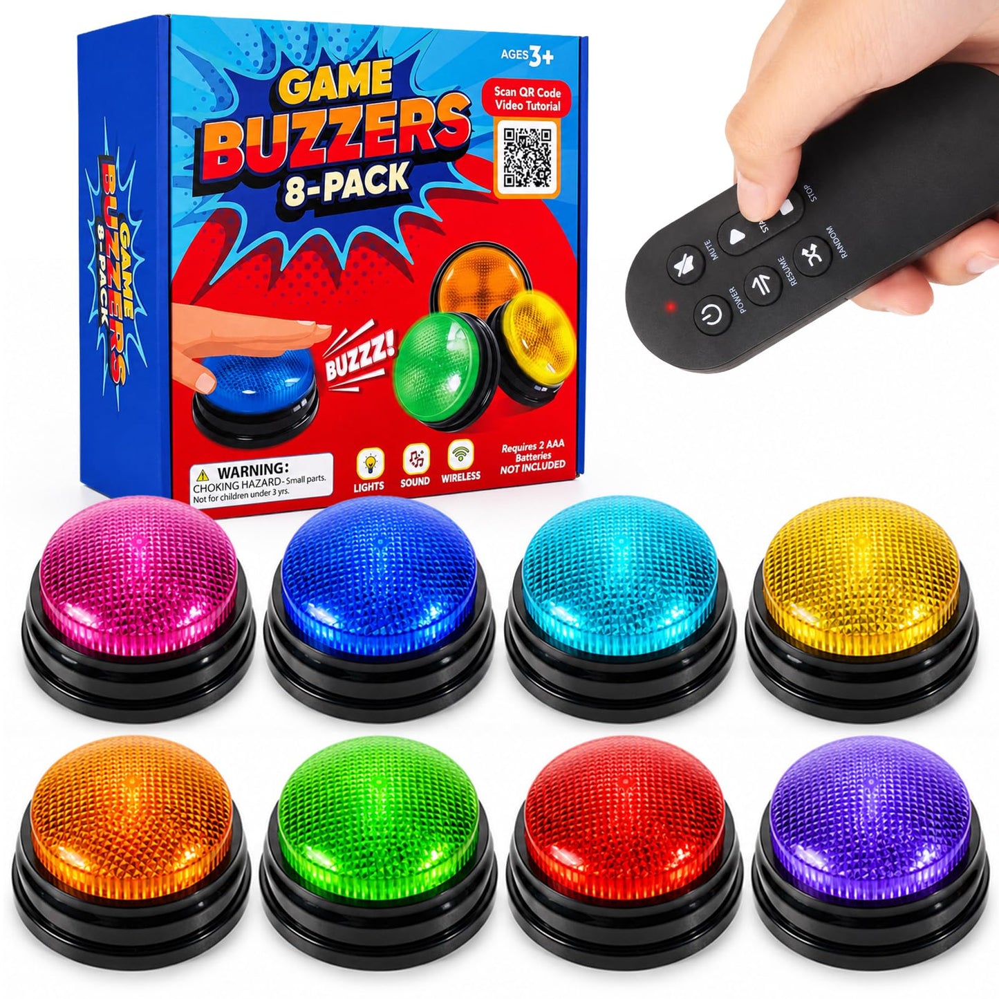 Buzzers for Trivia Games and Family Party: 8 Pack Answer Buzzers with Remote Control - Game Buzzers with Light & Sound First-Press Lock for Classroom Quiz