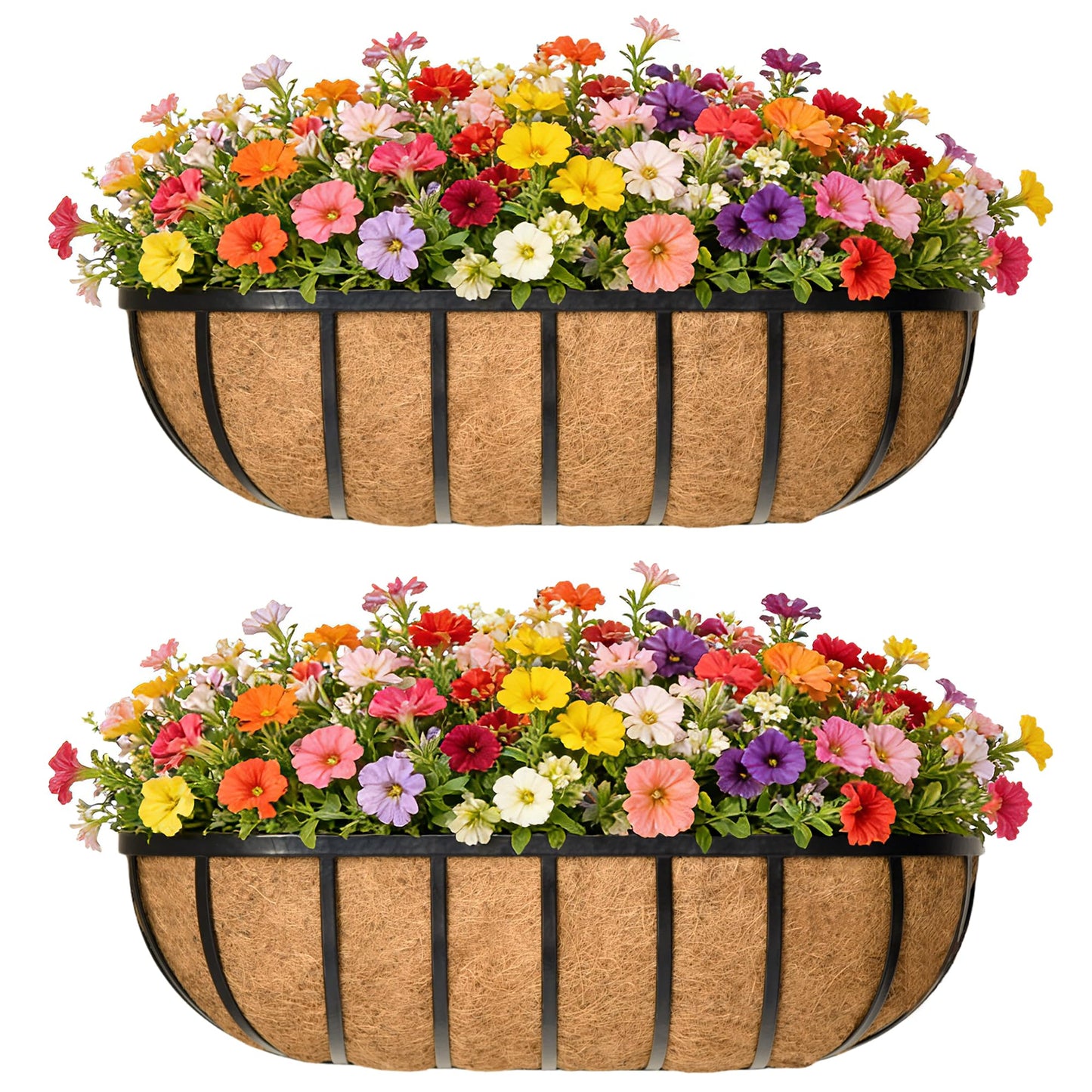 24 Inch Railing Planter Window Box Deck Balcony Rail Planter with Coco Liner Metal Wall-Mounted Coconut Liner Planter Basket English Horse Trough Planters for Outdoor Balcony Porch Fence (2 Pack)