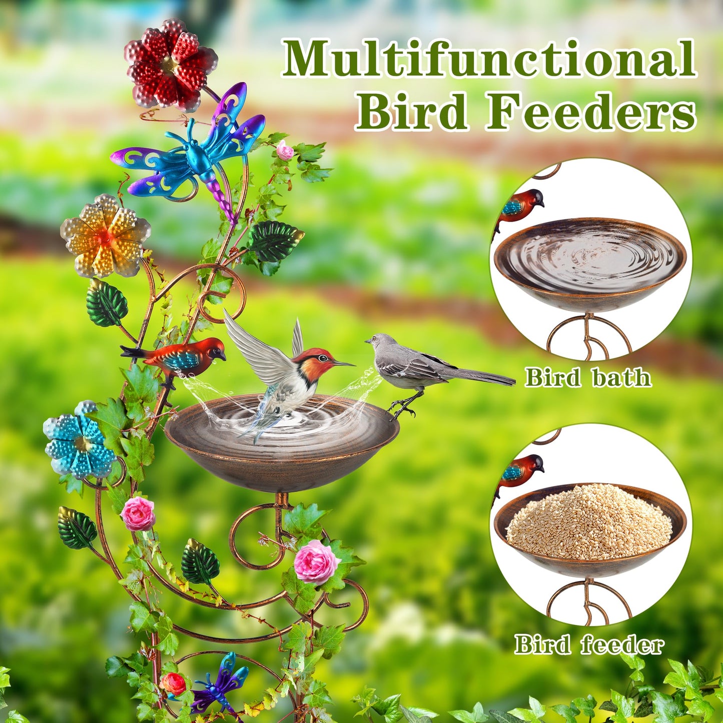 YADOOLIFE 57” Bird Bath with Garden Trellis for Climbing Plants Outdoor, Small Decorative Trellises Metal Birdbath Bird Baths, 1 Piece (Dragonfly)