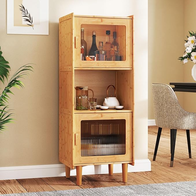 Giantex Bamboo Storage Cabinet, 3-Cube Bookcase, Freestanding Liquor Display