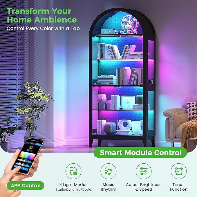 HNEBC Arched Display Case with RGB Lights, LED Curio Cabinet with Shelf