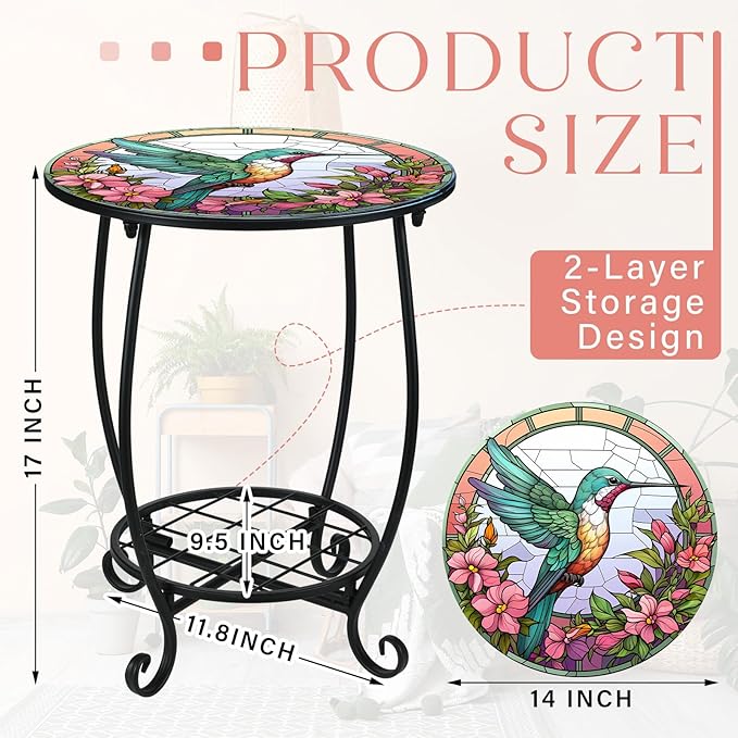 Cinnvoice Outdoor Side Table Round Small Mosaic Patio Accent Indoor End Plant