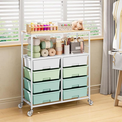 Rolling cart with 8 drawers,Storage drawer cart with wooden tabletop,Lockable wheels organizer for homeschool, arts & crafts, classroom, office & creative spaces (Green)