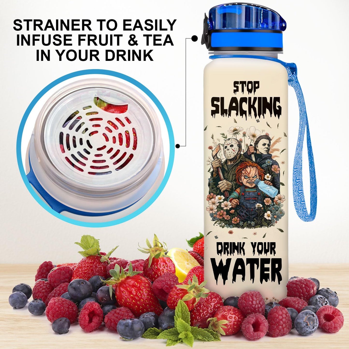 34HD Horror Movie Icons Water Bottle with Time Marker & Straw 32 oz, Horror Mask Birthday Gifts for Fans, Spooky Scary Merchandise Aesthetic Halloween Water Tracker Bottle