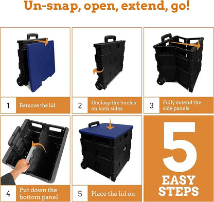Inspired Living Collapsible Ultra-Slim Pack-N-Roll,2 Wheel Utility Cart w/Lid Used as Seat up to 250 Lbs, Telescopic Handle - Super Strong, for Home, Garden, Shopping, Office, School use, Large, Blue