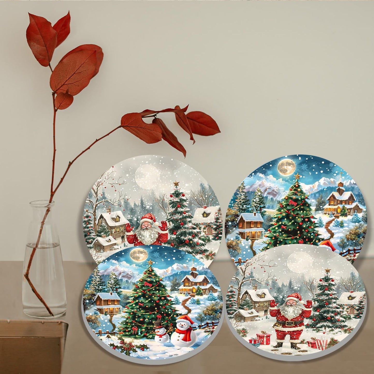 Tucocoo Christmas Tree Santa Claus Electric Stove Burner Covers, Set of 4 Round Stove Burner Covers, 8 Inches and 10 Inches, Gas Stove Burner Covers, Snowman Winter Landscapes Cooktop Decorative