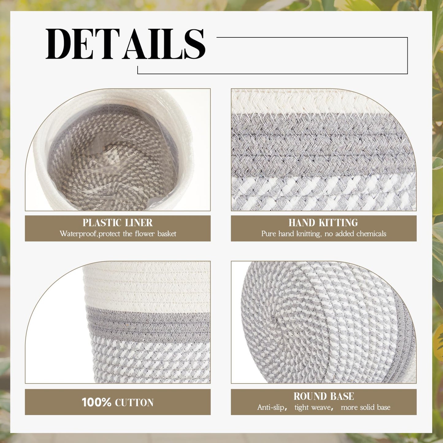 FoldTier 3 Pcs Cotton Rope Plant Basket with Plastic Liner Rustic Plant Basket Planters Modern Woven Decorative Pots for Home Flower Indoor Storage Decor, 7.5 x 6.5 Inches(White, Gray)