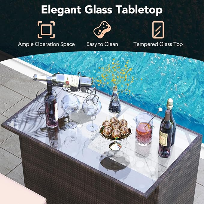 Tangkula 3 Piece Patio Bar Set, Outdoor Rattan Bar Table and 2 Stools