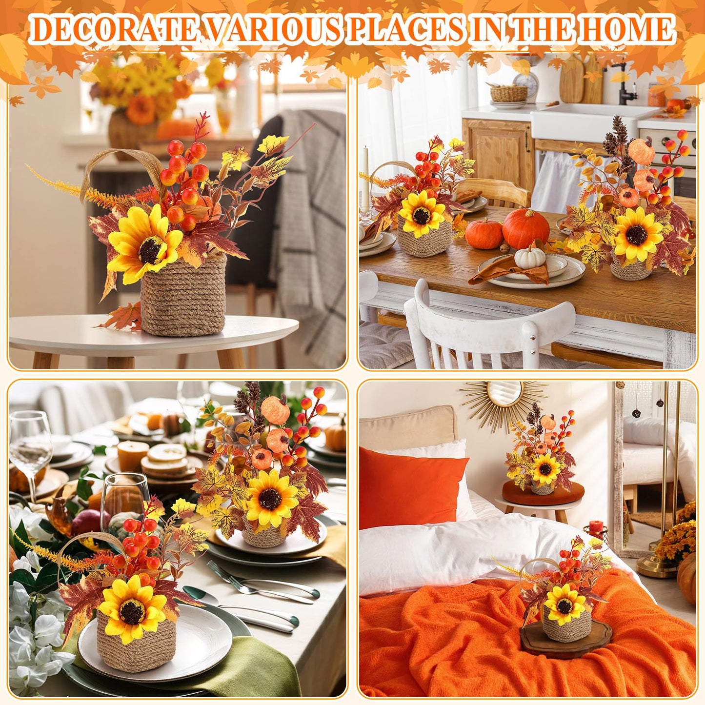 Suncalla 2 Pcs Thanksgiving Fall Table Decorations Centerpiece for Table Maple Leaf Fall Decor for Home Artificial Flower Pumpkin with Rattan Flower Basket for Indoor Thanksgiving Gifts(Vivid Style)
