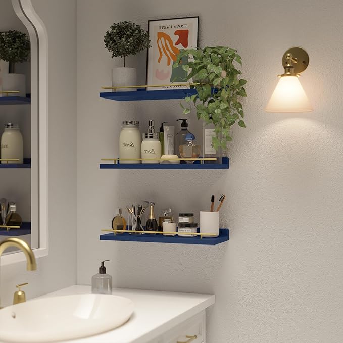 WOPITUES Floating Shelves with Gold Metal Guardrail, Shelves