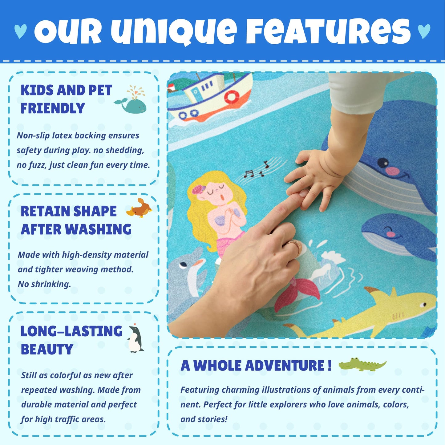 Ocean Themed Rug for Kids Room – 6x9 Blue Rug for Kids Room, Sea Creatures & Mermaid, Fish, Washable Non Slip Soft Carpet for Classroom, Bedroom or Playroom