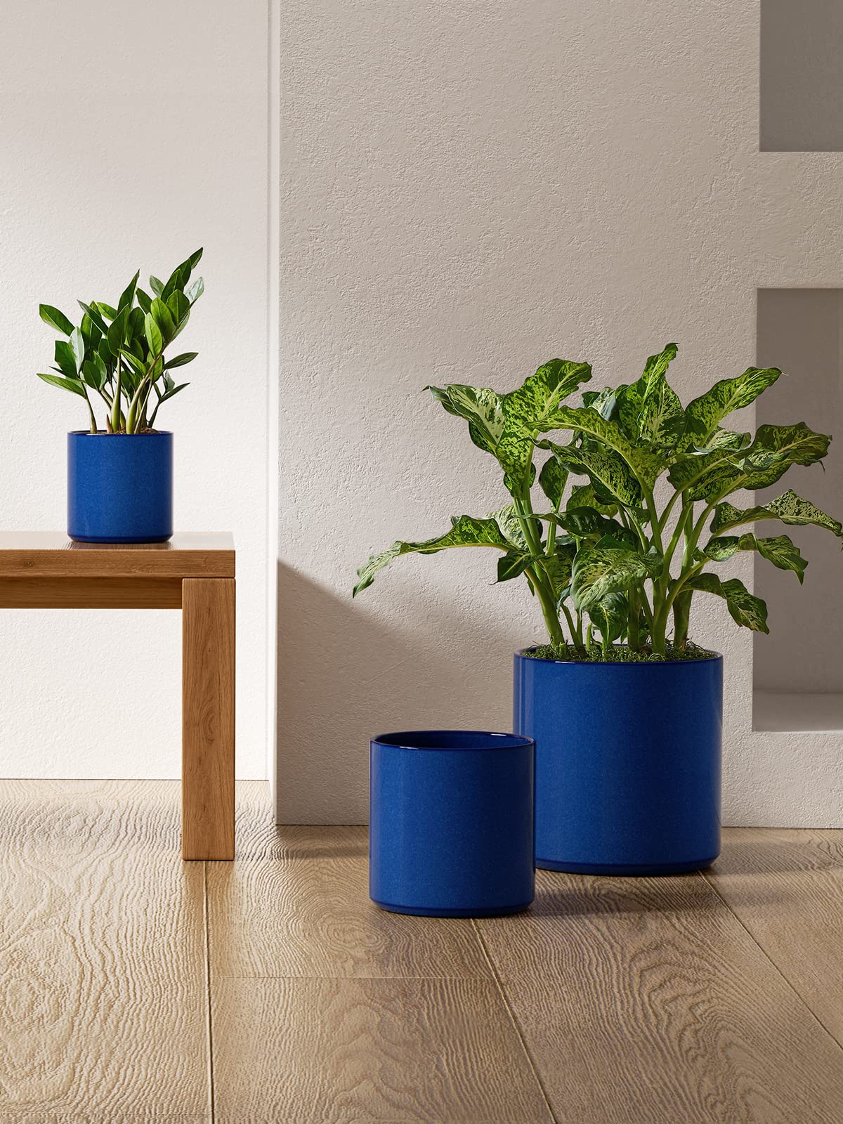 LE TAUCI Ceramic Pots for Plants, 10/8/6 Inch Indoor Planters with Draiange Hole, Silicone Plug & Mesh Pad, Modern Minimalist Pots for Home Office, Set of 3, Glossy, Midnight Blue
