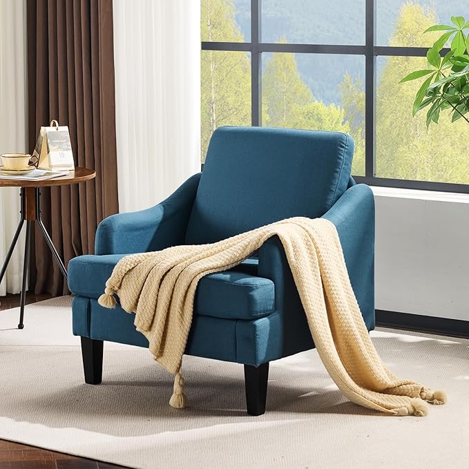 VINGLI Linen Fabric Accent Chair Navy Blue, Modern Upholstered Armchair