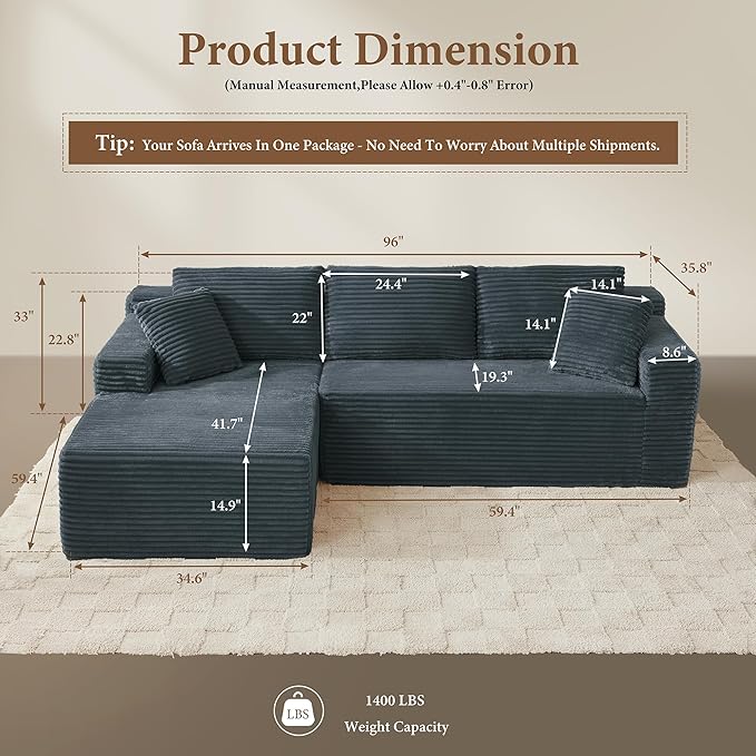 96" Sectional Couches for Living Room Cloud Couch Sofa